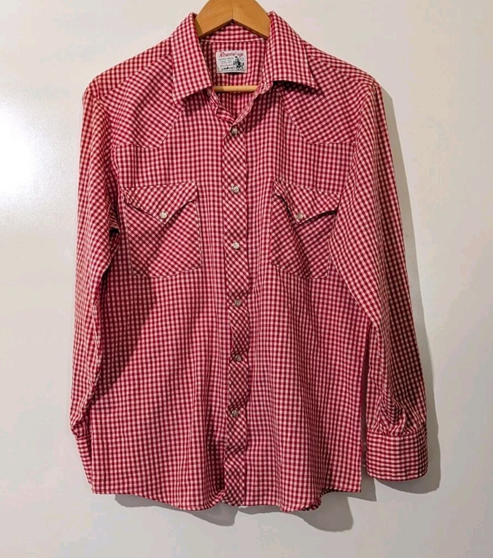 Vintage Red Gingham Round Up Western Shirt Long Sleeve Pearl Snap Long Tail J